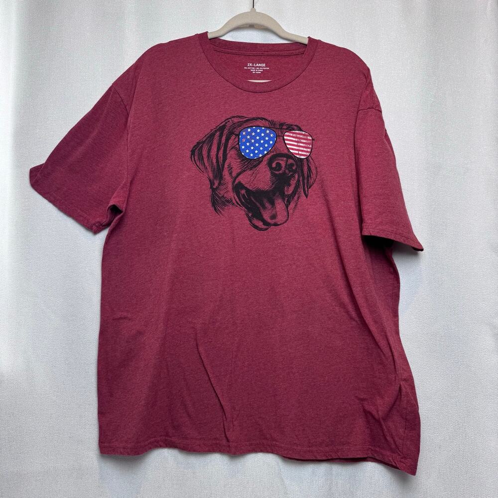Americana Men Red knit short sleeve graphic tshirt Dog with sun glasses size XL